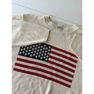 American Flag USA Made Women Knit Sweater Crewneck Cream Large Americana Classic